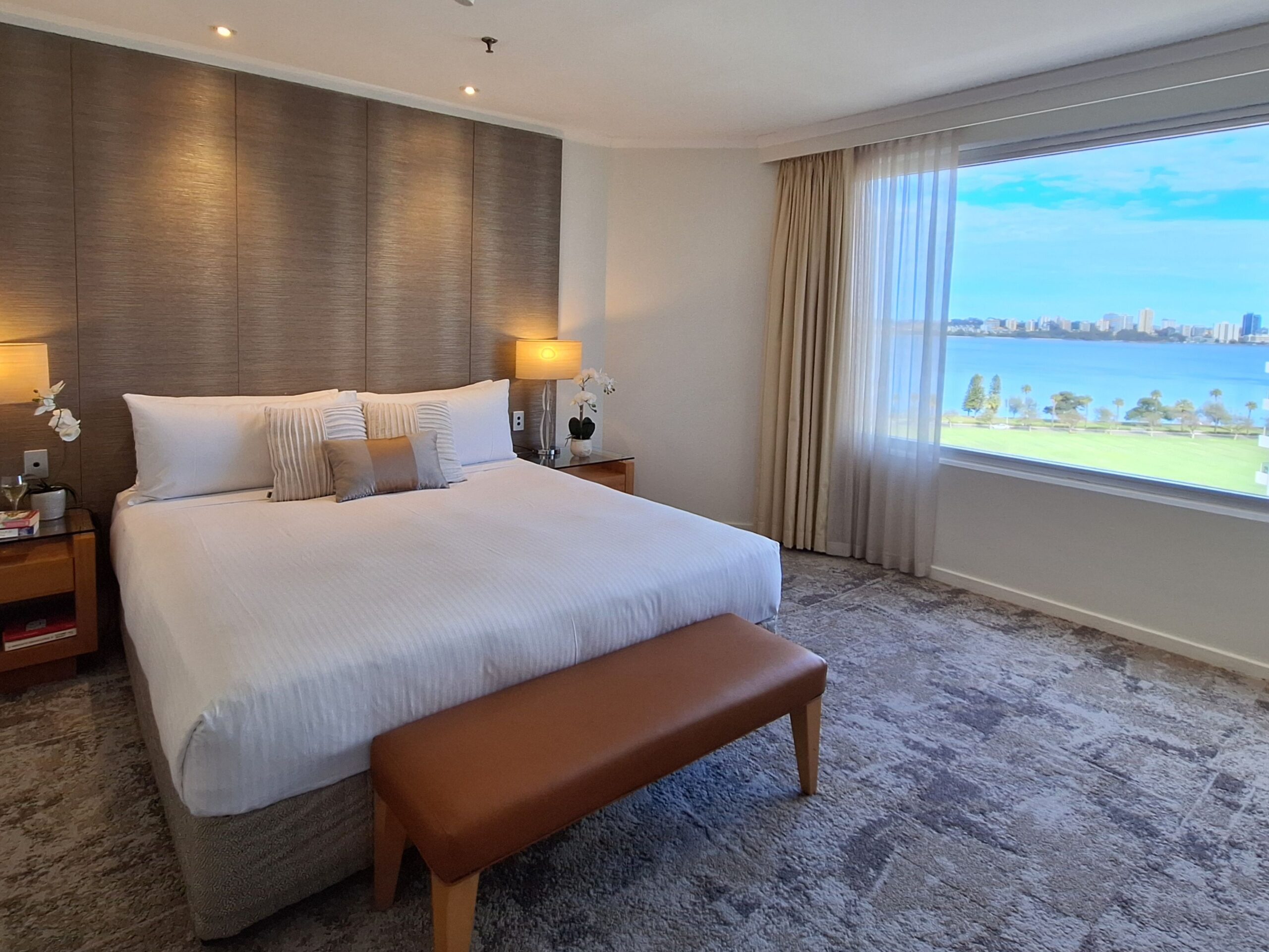 bed with lake view
