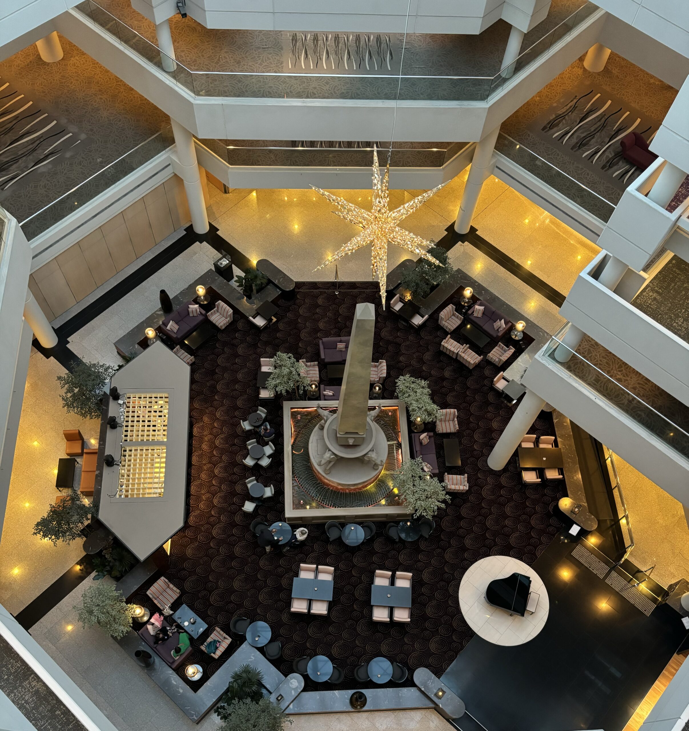 Hotel atrium with central decor
