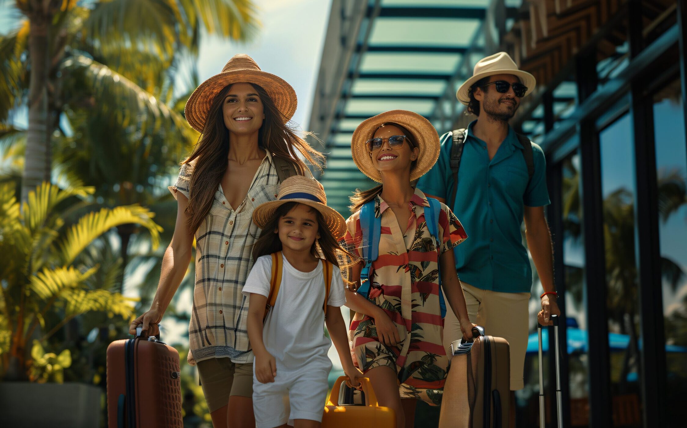 Happy family arriving at Hotel
